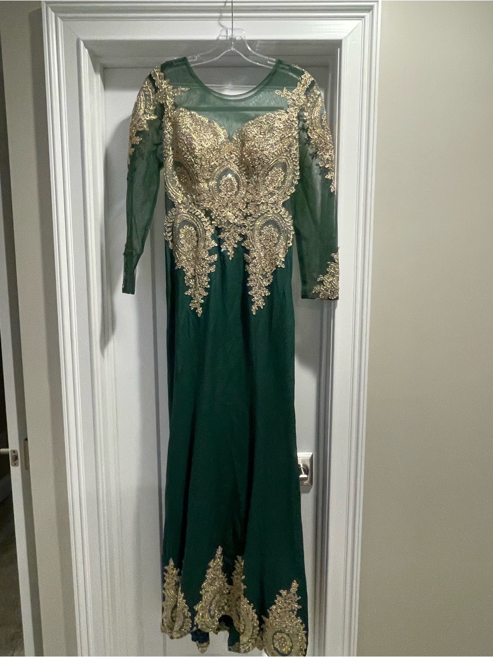 Emerald Green Long Sleeve Evening Gown with Gold Appliqué